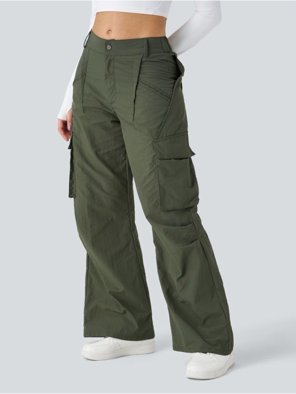 Halara Mid-Rise Wide-Leg Baggy Cargo Pants Army Green Nylon Medium 8/10 - Picture 5 of 10